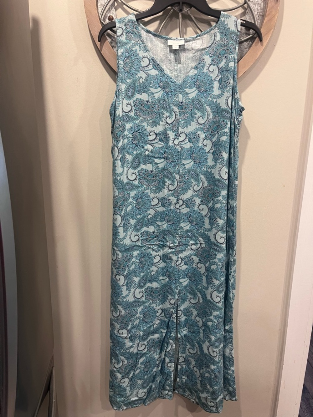 J Jill Sleeveless Teal Paisley V-Neck linen Maxi Dress